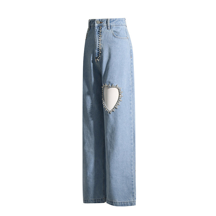 Summer Washed Blue Rhinestone Hollow Out Cutout Love Design Straight Jeans High Waist Figure Flattering Mopping Pants