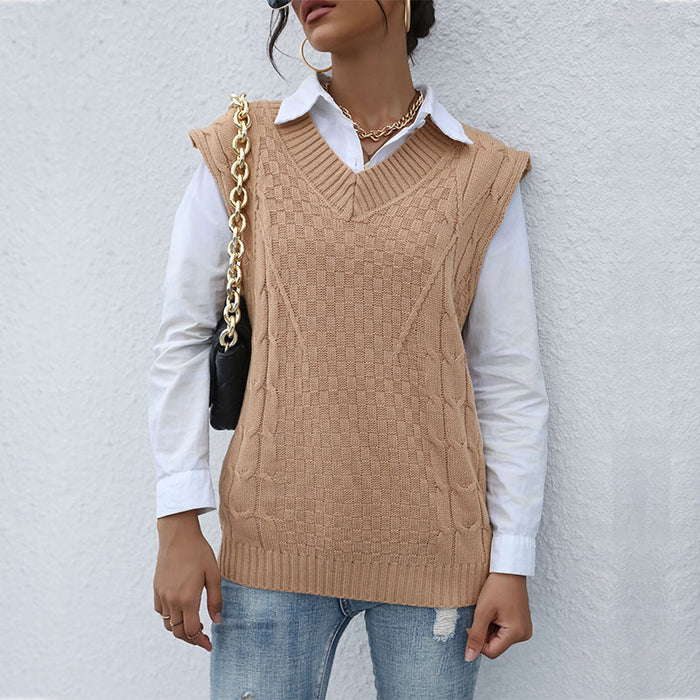 Autumn Winter Fashionable Knitted Solid Color Cable Knit Sweater Vest for Women