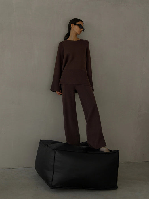 Autumn Winter Flared Sleeves round Neck Slit Loose CoreSpun Yarn Set