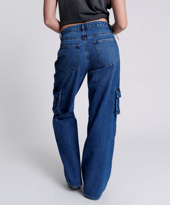 Multi Bag Jeans Women High Waist Tooling Pants Loose Washed Jeans