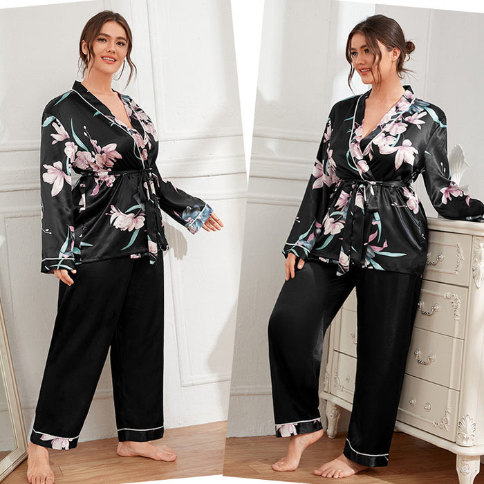 plus Size Pajamas Women Cardigan Lace up Nightgown Pajama Pants Casual Loose Home Women Suit