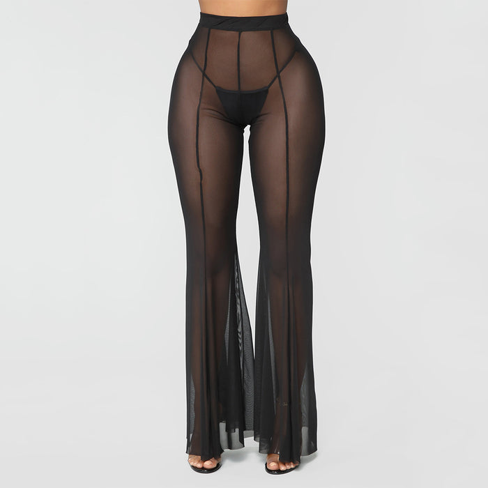 Summer Women Clothing Sexy Mesh See through Stitching Bell-Bottom Pants Women