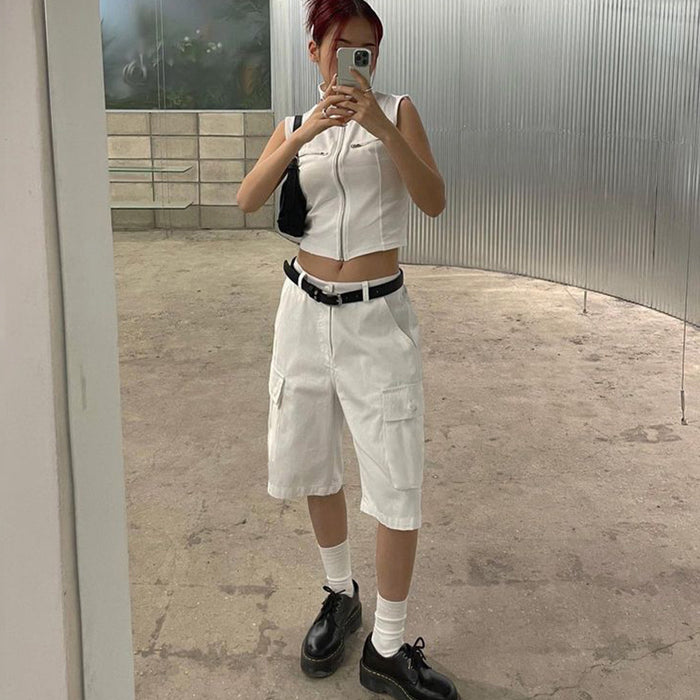 Street Casual Cargo Pocket Low Waist Woven Fifth Pants Women Clothing Solid Color Basic All Matching Straight Short Pants