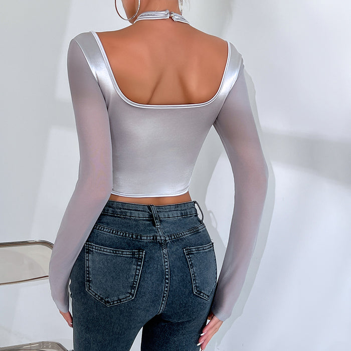 Street Sexy Low Cut Sexy See through Mesh Patchwork Halter Outerwear Long Sleeved Tops Women