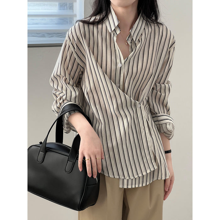 French Vertical Striped Shirt Women  Autumn Niche Long Sleeve Shirt