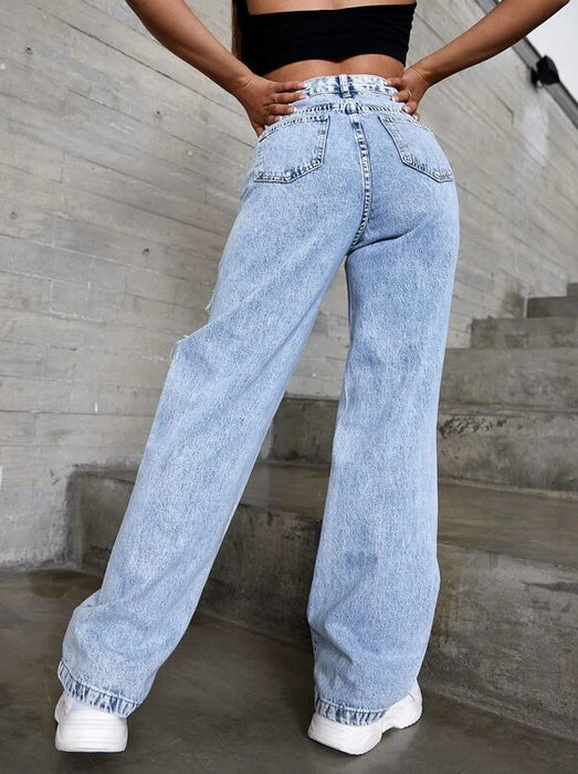 Jeans Quality High Waist Retro Blue Washed Ripped Straight Jeans Women Trend