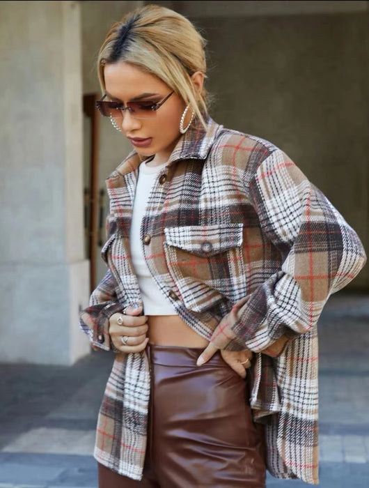 Autumn Winter Cardigan Casual Retro Plaid Collared Woolen Coat Women