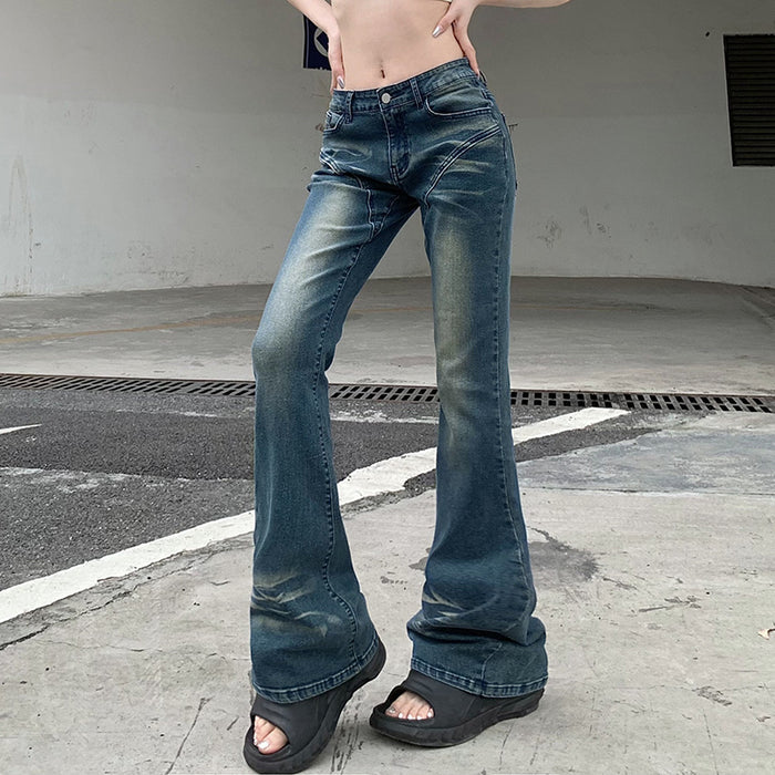 Street Design Gradient Split Stitching Bell Bottom Pants Sexy High Waist Slimming Worn Looking Washed out Jeans