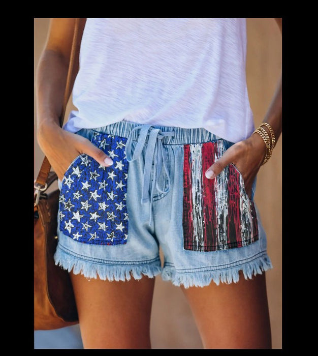 High Waist Drawstring Tassel Denim Shorts Women