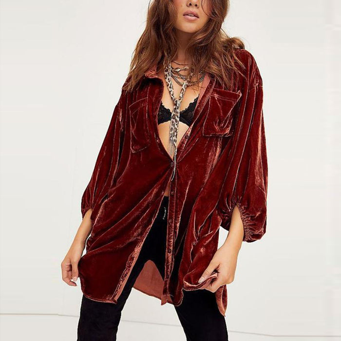 Autumn Winter Pleuche    New Loose Lantern Sleeve Long Shirt Top