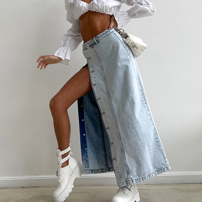 Retro Slit High Waist Denim Skirt Women Summer Asymmetric Design Straight Skirt Long Skirt