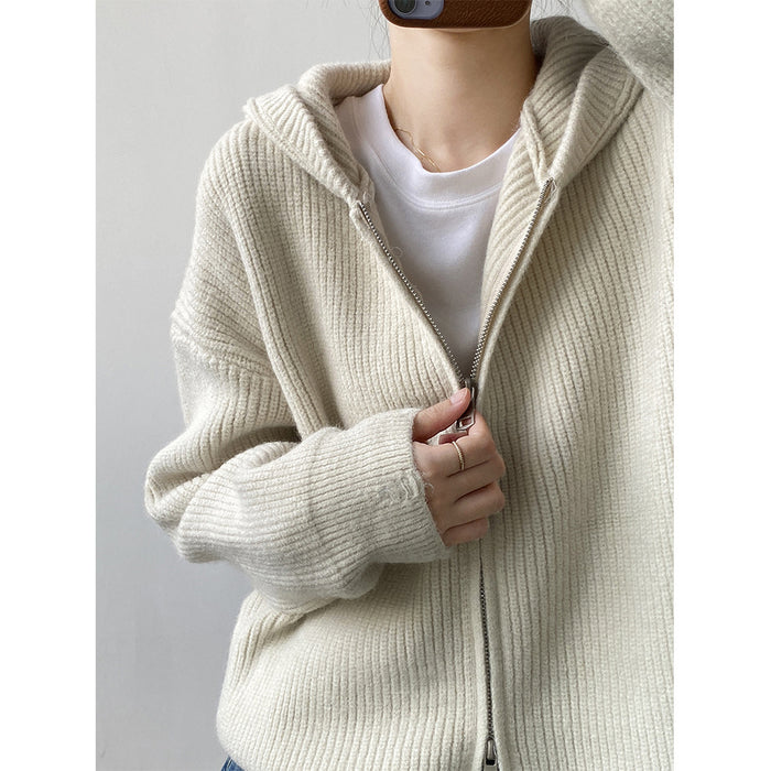 Hooded Knit Cardigan Women Autumn Round Neck Soft Glutinous Sweater Coat