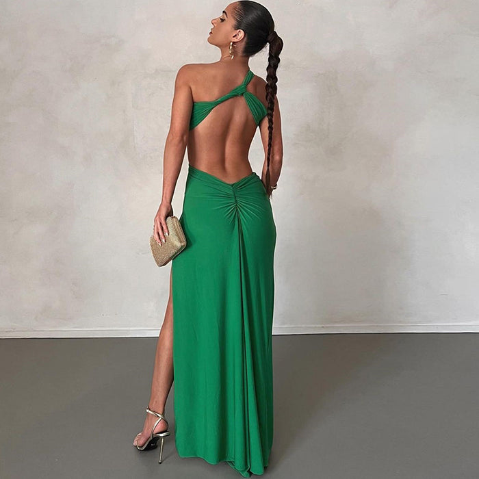 Sloping Shoulder Dress Solid Color Pullover Sexy Backless Evening Dress Long Socialite Split