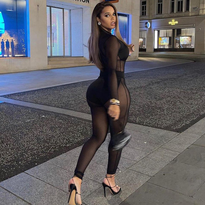 Early Spring Women Sexy Mesh See Through Stitching High Waist Tight Casual One Piece Trousers