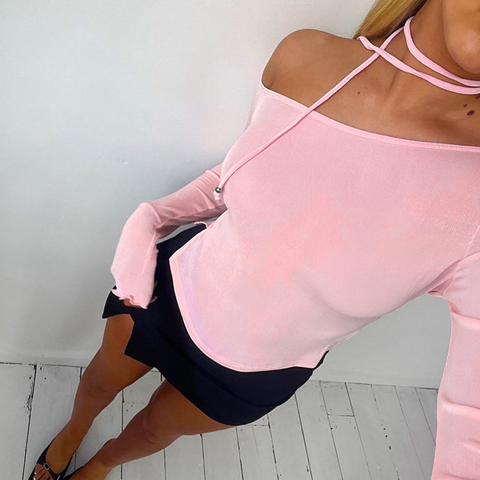 Women  Clothing Spring Solid Color Sneaky Design Oblique Shoulder Long Sleeve Slim Fit Sexy T Shirt