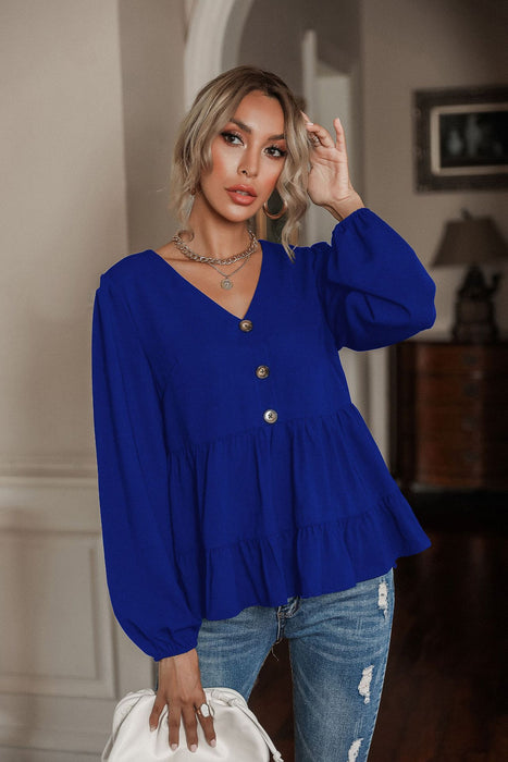 Best Long Sleeved Women Shirt V neck Buckle Babydoll Top