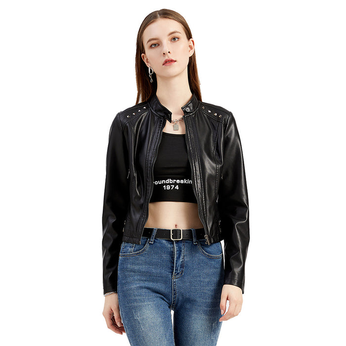 Women  Clothing New Rivets Leather Women Short Spring Autumn Jacket Long Sleeve Women Jacket Thin Stand Collar Fashion Jacket