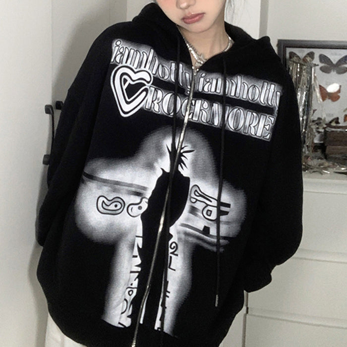 Dark Printed Contrast Color Loose Large Hooded Sweater Autumn Long Sleeve Coat