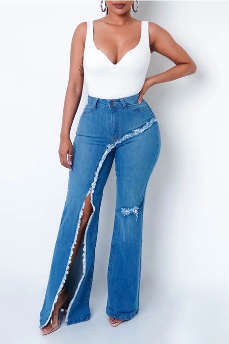 Elastic Ripped Bell-Bottom Pants Frayed Hem Split Sexy Jeans