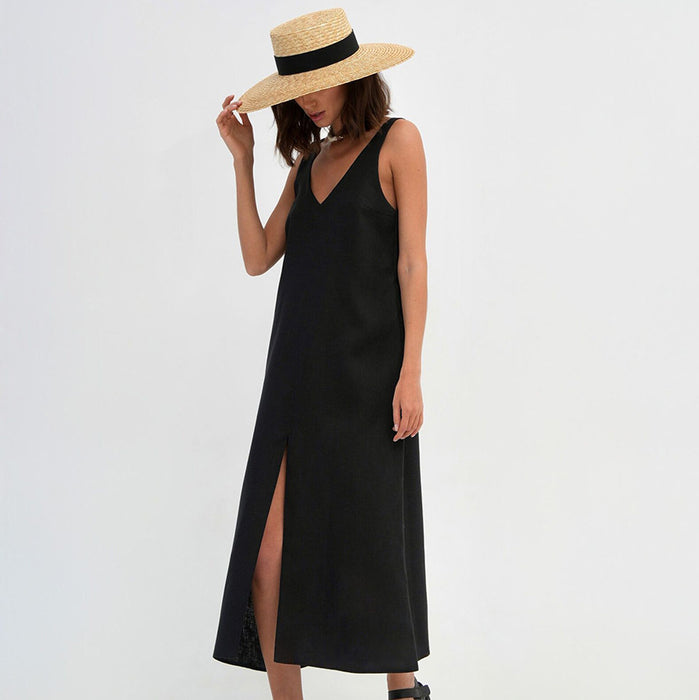 Summer Casual Comfortable Black V neck Backless Slit Sleeveless Dress Maxi Dress for Women