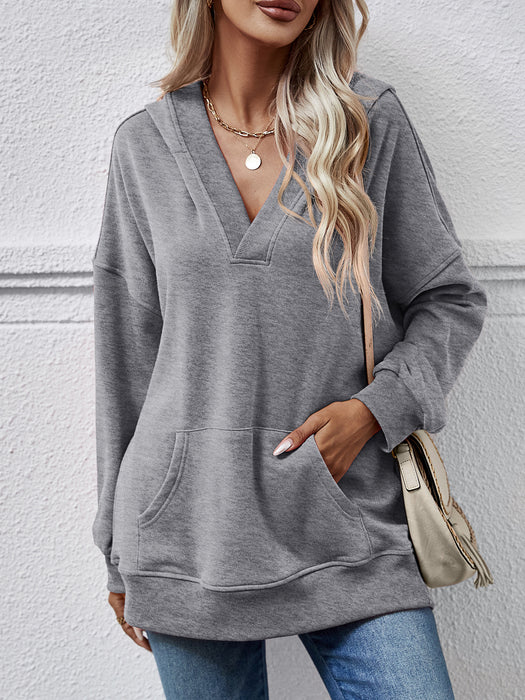 Autumn Winter Women Tops Solid Color Hooded Kangaroo Pocket Long Sleeve Women Sweater