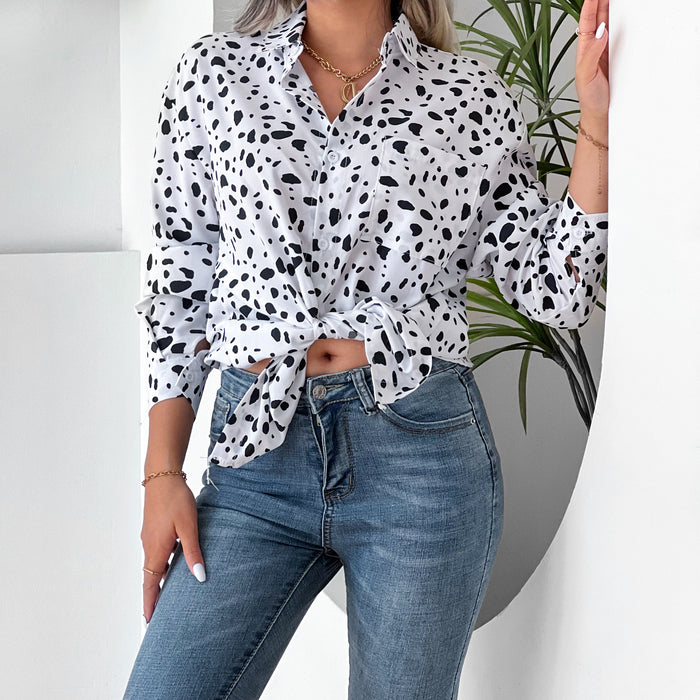 Women Clothing Collared Print Shirt Long Sleeve Leopard  Casual Print