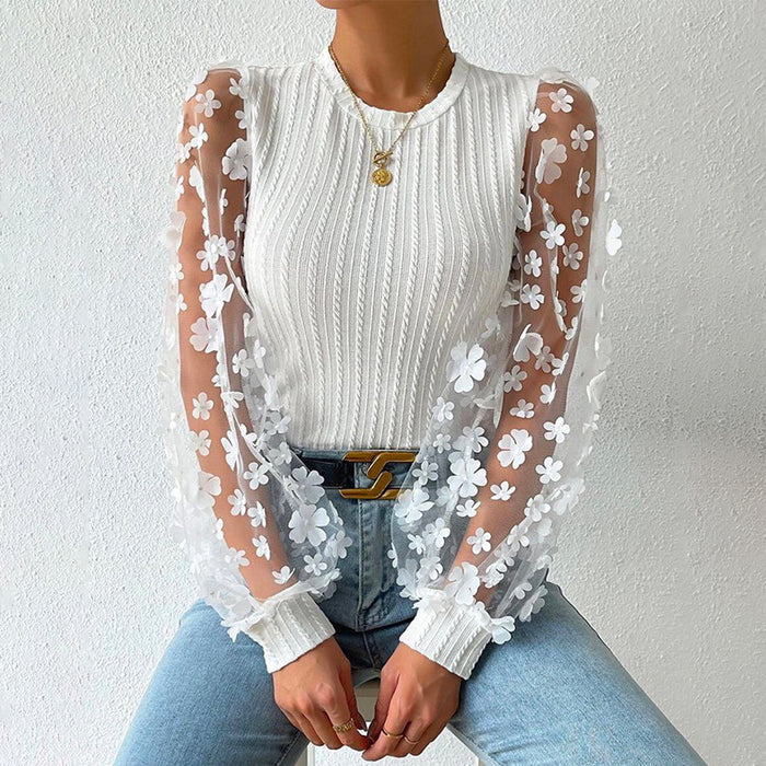 Women Mesh Small Floral Chiffon Shirt Women Spring Summer round Neck Slimming Pullover Long Sleeve Top