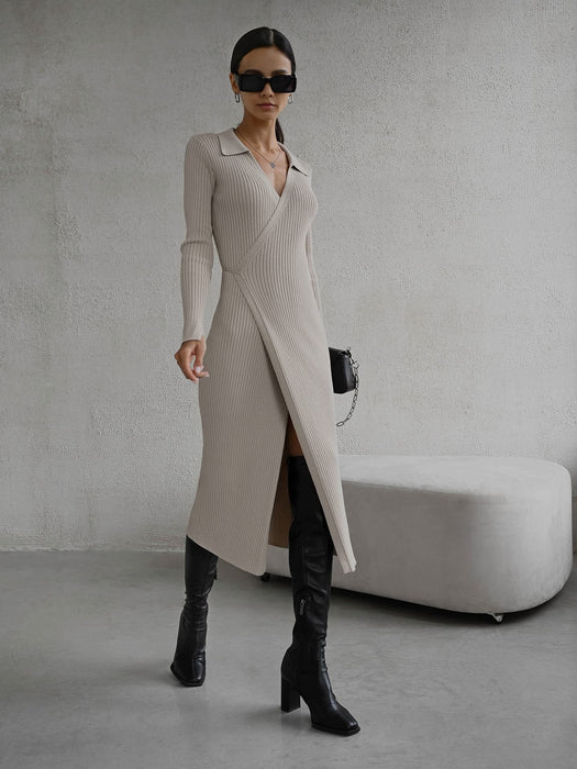 Split Strap Thread Knitted Dress Mid Length Autumn Winter Polo Collar Long Sleeve Sexy Tight Dress