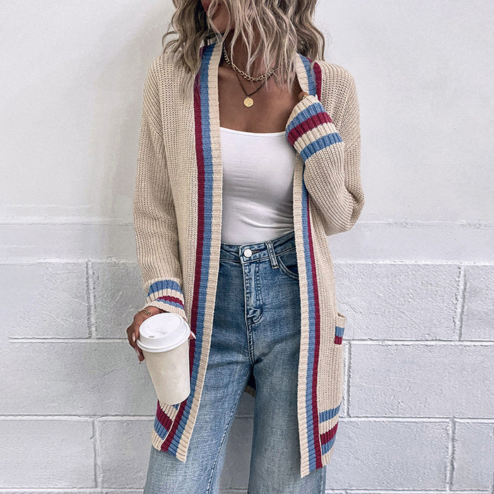 Contrast Color Striped Pocket Sweater Autumn Winter Sweater Women Cardigan Coat