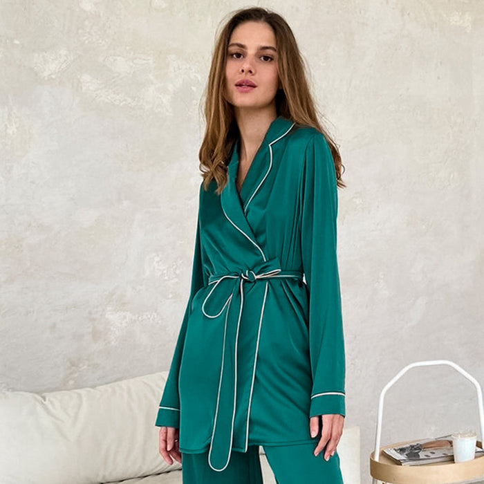 Autumn Satin Long Sleeve Cardigan Lace up Pajamas Robe Women Home Wear Loose Trousers Pajamas Suit