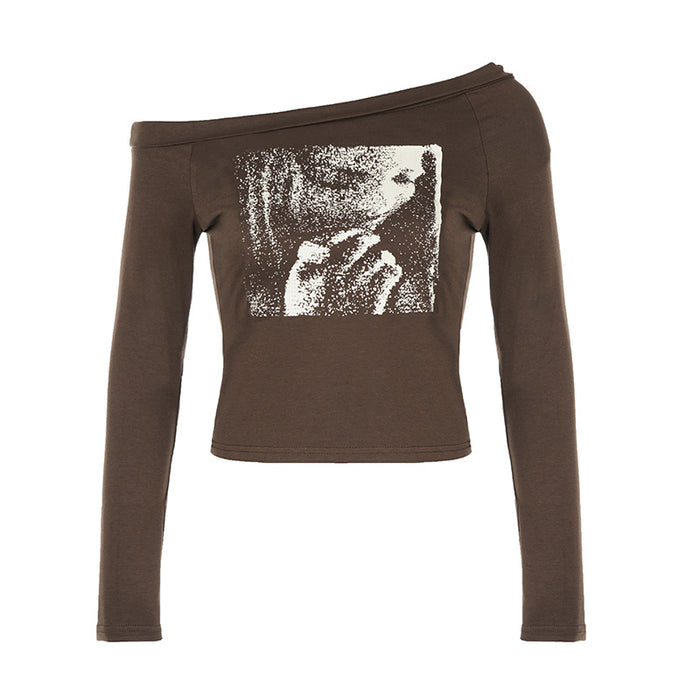 Portrait Graffiti Printing Long Sleeved T Shirt Women Off The Shoulder Pullover Oblique Off Neck Bottoming Top Autumn