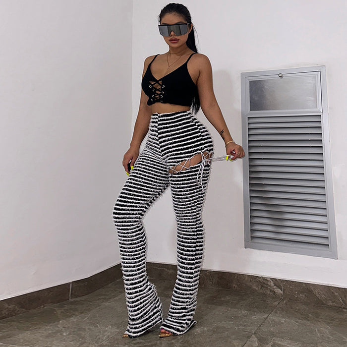 Sexy High Waist Hip Lifting Striped Hollow Out Cutout  Tight Slimming Casual Pants Girls Smart Trousers Women