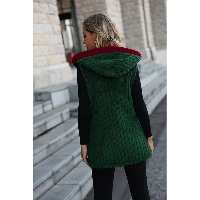 Autumn Winter Women Hooded Sleeveless Loose Casual Christmas Buckle Free Plush Coat