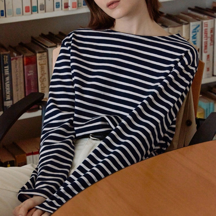 Simple T shirt Contrast Color Striped T shirt Korean Autumn Lazy Loose Long Sleeve Underwear Top Women Clothing