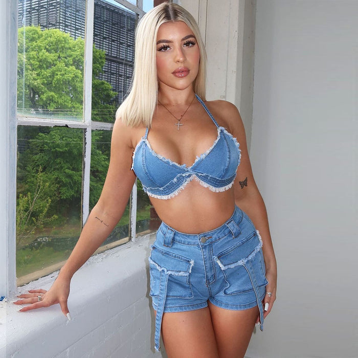 Denim Women Wear Summer Cropped Hollow Out Cutout Elastic Sling Top Drawstring Shorts Two Piece Set