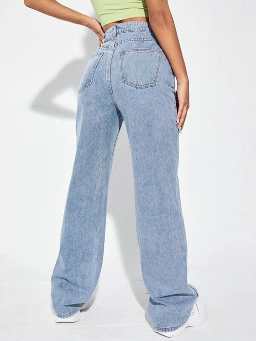 Summer Women Jeans Simple Slim Straight Light Blue Trousers