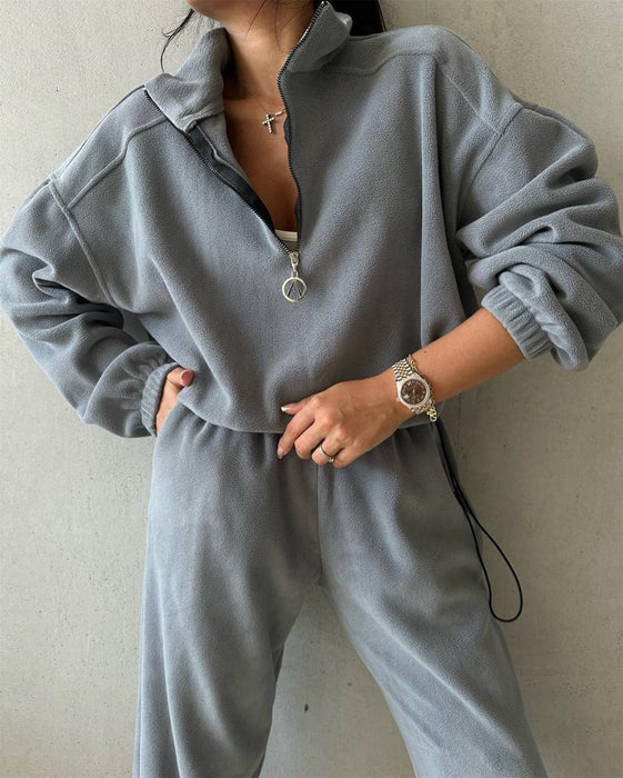 Fleece Sweater Suit Women Autumn Winter Polo Collar Top Casual Pants Two Piece Set Women