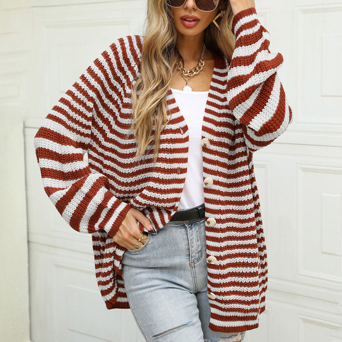 Autumn Winter Fashionable Striped Knitted plus Size Loose Idle Brown Single Breasted V neck Cardigan Sweater