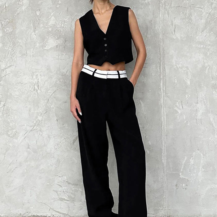 High Street Short Black Vest Contrast Color Straight Leg Pants Two Piece Women Summer Design Set