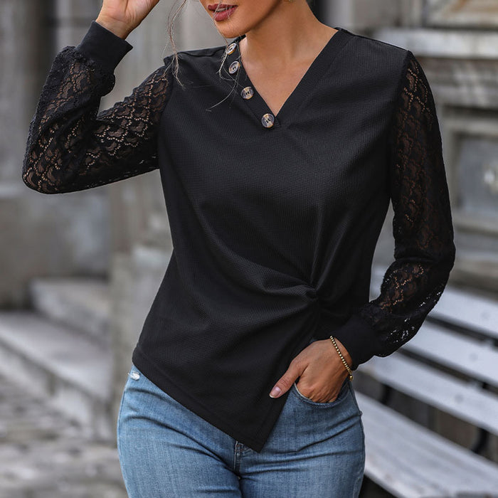 Autumn Women Black Long-Sleeved Knitted Top