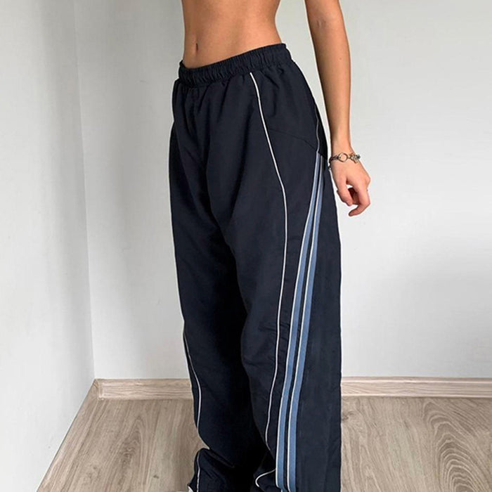 Casual Basic Contrast Color Striped Design Student Track Pants Elastic Waisted Loose Casual Pants