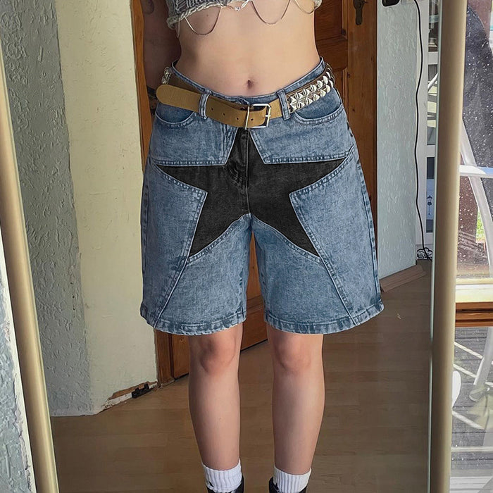 Color Matching Five Pointed Star Denim Pants Wash Split Design Low Waist Casual Straight Pants Without Belt