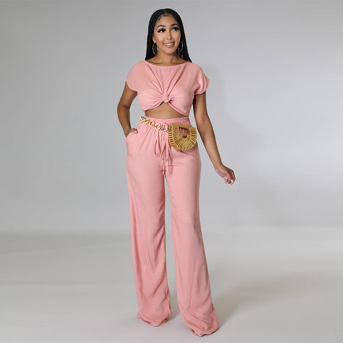 Summer Suit Solid Color Cotton Linen Small Shirt Elastic High Waist Wide Leg Pants Casual Two Piece Suit