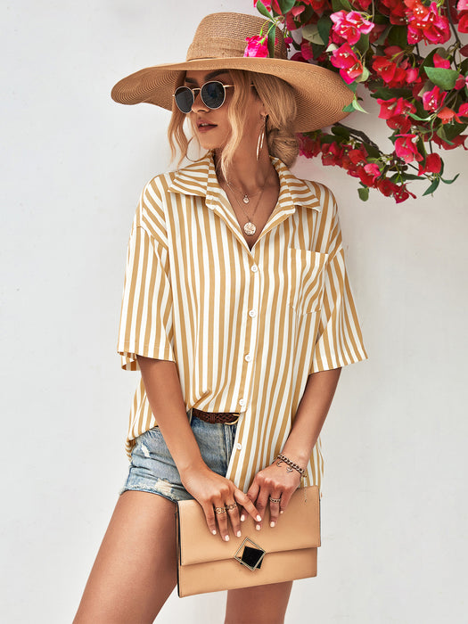 Popular Striped Short Sleeve Pocket Shirt