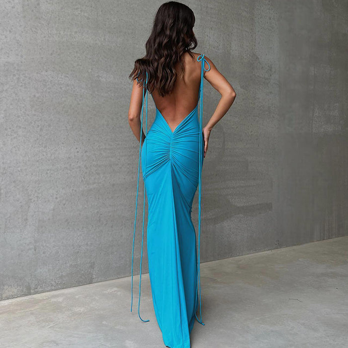 Solid Color Sexy Backless Pleated Long Elegant Slim Strap Dress for Women