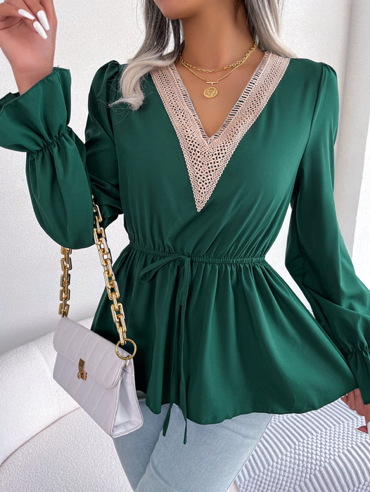 Spring Summer Casual V Neck Lace Lace Up Waist Trimming Ruffles Chiffon Shirt Women Clothing