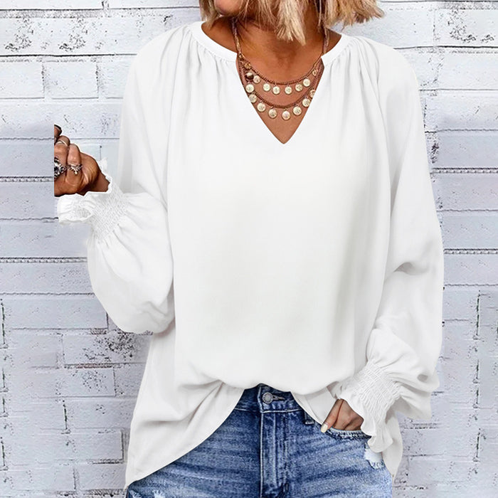 Solid Color Chiffon Shirt Women Spring Autumn New V neck Pullover Loose Fitting Long Sleeves Top Women