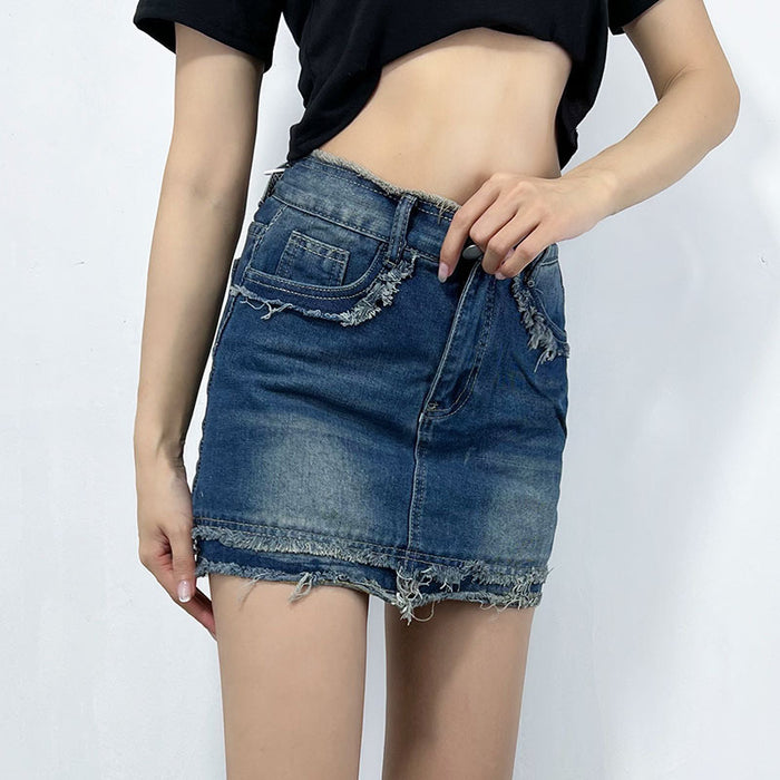 Sexy Raw Edge Denim Skirt Spring Summer High Waist Package Hip All Matching A line Skirt for Women