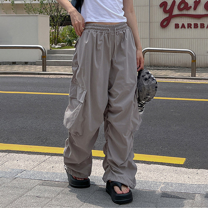 Street Hip Hop Pleating Loose Straight Casual Pants Elastic Waistband Lace up Cargo Pocket Girls Woven Pants