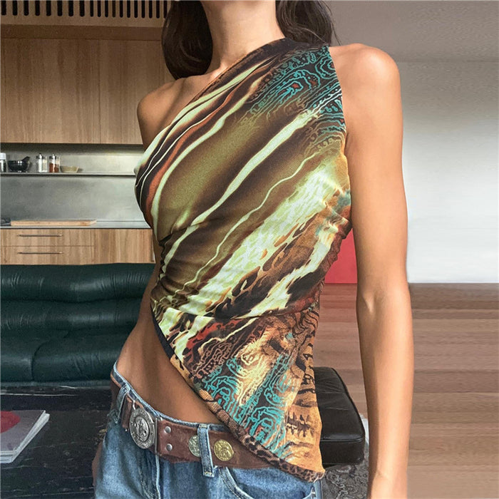 Summer Women Clothing Printed Shoulder Sleeve Slant Cut Bottom Slim Fit Bottoming Small Vest